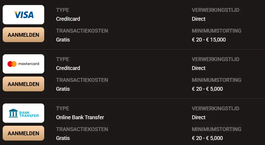 Mogelijkheden voor storting